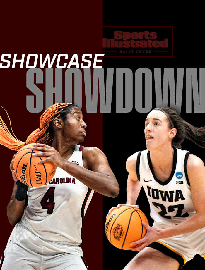 Image titled SHOWCASE SHOWDOWN featuring South Carolina’s Aliyah Boston and Iowa’s Caitlin Clark.